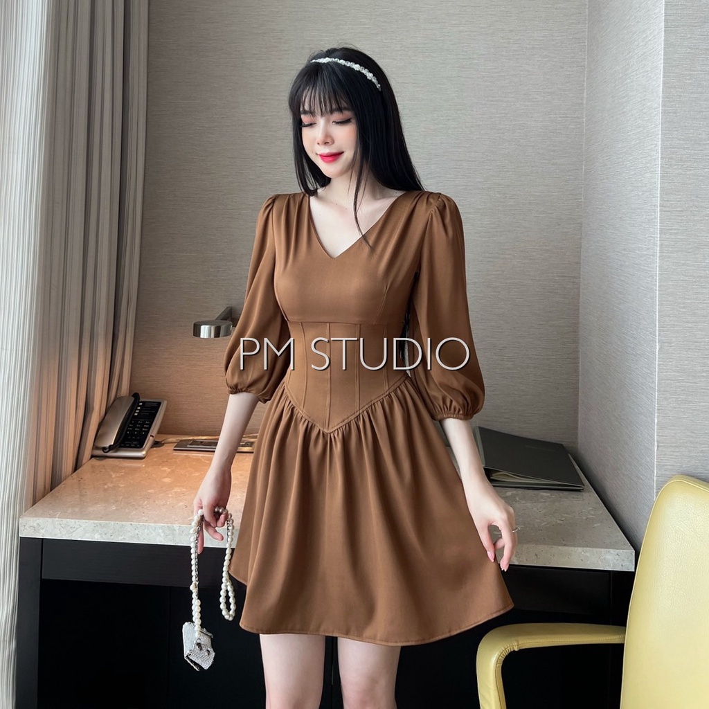 Váy cổ V táy bồng dễ mặc, đầm thiết kế tôn triệt dáng, v1 đẹp - v2 định hình bé tý tẹo- ai béo bụng cũng nên sắm nhớ