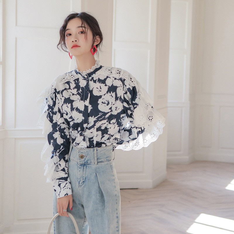 Shirt Design print lace stringy selvedge shirt New in spring and autumn women's clothing long sleeve batwing sleeve loos