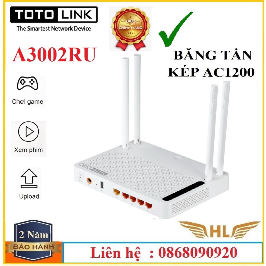 Bộ Phát Wifi Totolink A720R Chuẩn AC1200Mbps 4 Râu ,Totolink A3002RU Chuẩn AC1200Mbps 4 Râu Xuyên Tường -Hàng Chính Hãng