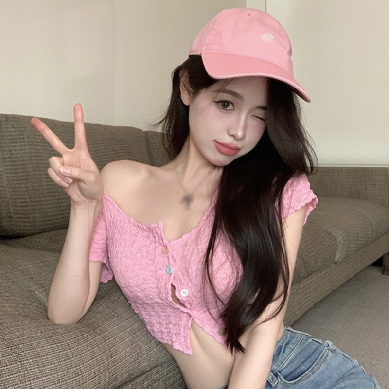 Áo Croptop Ngắn Tay Cổ Vuông Màu Sắc Trơn Phong Cách Hàn Quốc