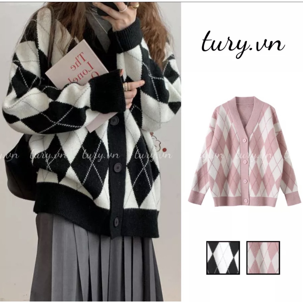 Áo Cardigan Len Nữ Dày Sọc Đen Trắng Có Túi, Cadigan Kẻ Kim Cương Ulzzang Hàn Quốc, Labibi