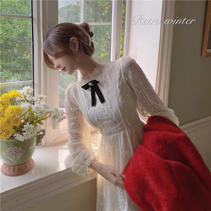 (ORDER) Váy ren hoa trắng dài tay cổ đính nơ màu đen tiểu thư xòe dài sang trọng dự tiệc (Hàng_mới_về) -meobeo