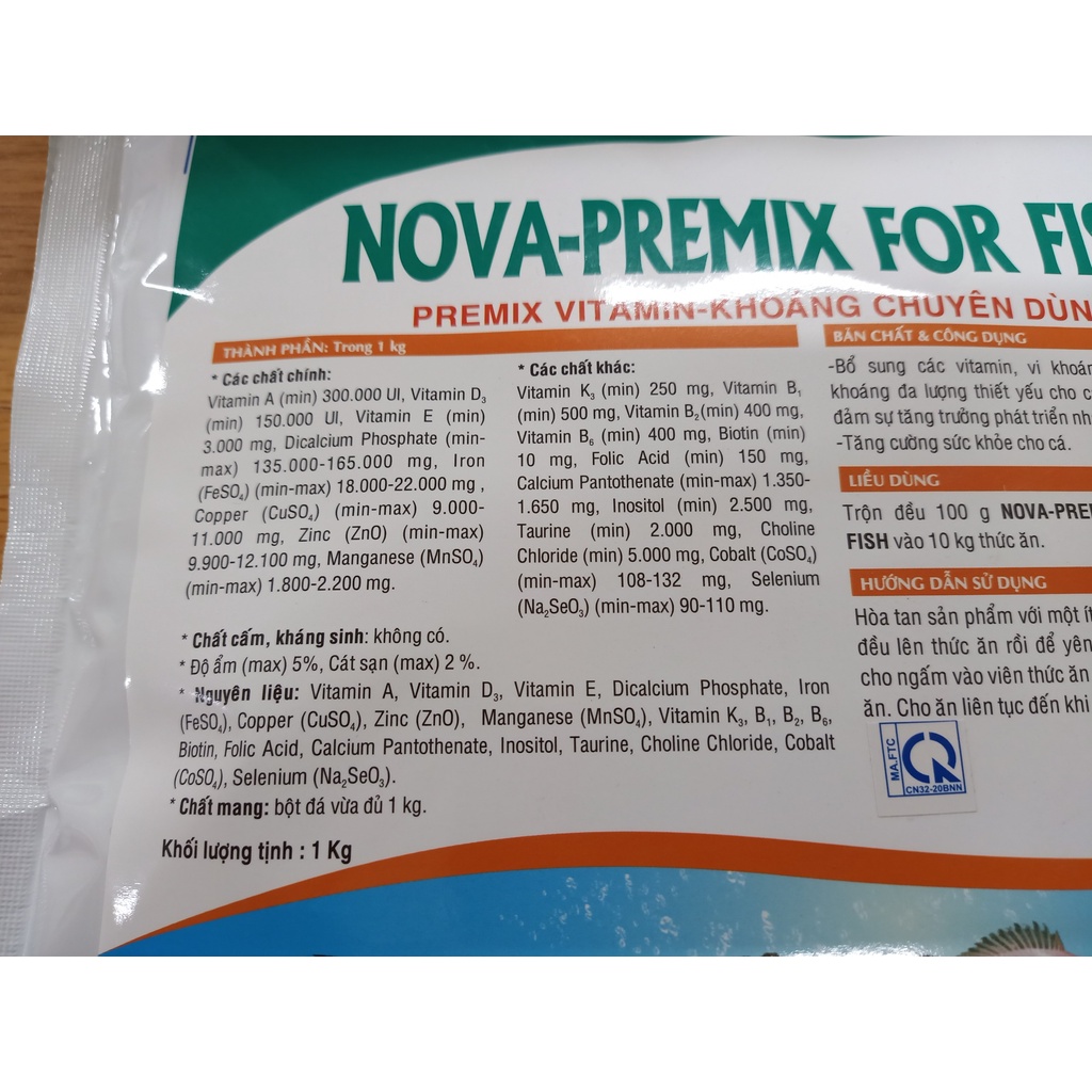 Nova Premix bổ sung Vitamin, vi khoáng, giúp cá mau lớn, tăng cường sức đề kháng (Khoáng Vitamin cho cá) - gói 1kg