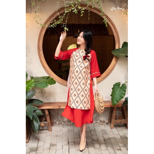 Áo dài bầu nữ xinh Áo dài bầu nhung hoa nhí Vintage ĐẦM BẦU CHIC MOM