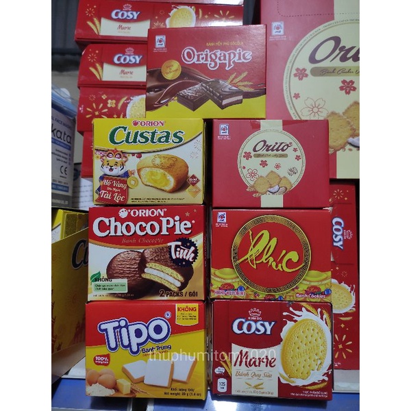 Hộp 2 chiếc bánh lễ Cosy, Custas, Chocopie, Tipo, Hải Hà cookies, Hải Hà orito, Hải Hà origapie