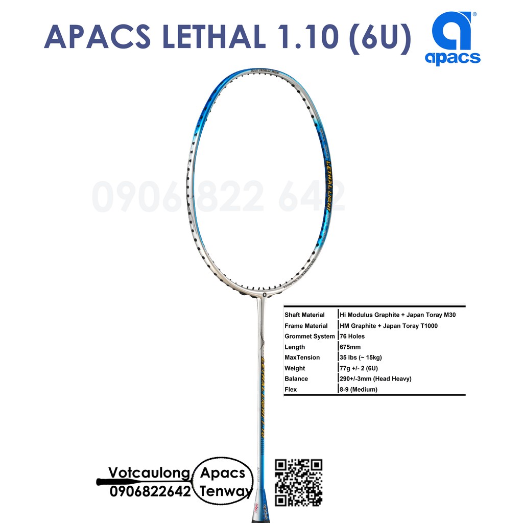 [Chính hãng BH] Vợt cầu lông Apacs Lethal Light 1.10 (6U) - Siêu nhẹ như không, nặng đầu chuyên công - có phiếu bảo hành