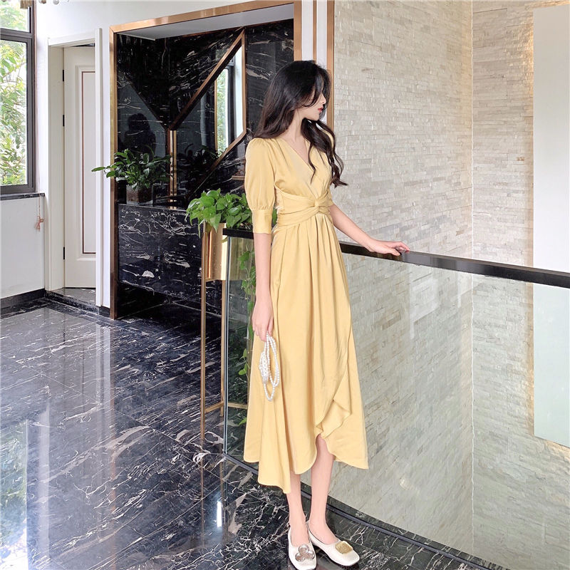 Đầm Maxi Tay Lửng Cổ Chữ V Thắt Eo Phong Cách Hàn Quốc Thời Trang Dành Cho Nữ