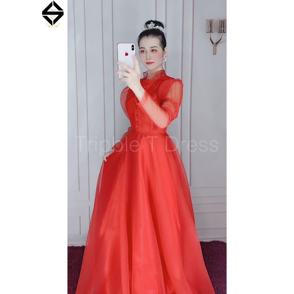 Đầm maxi mặc cưới nhẹ nhàng tay dài phối nút bọc cổ ren đứng TRIPBLE T DRESS - MS44Y - Size M/L