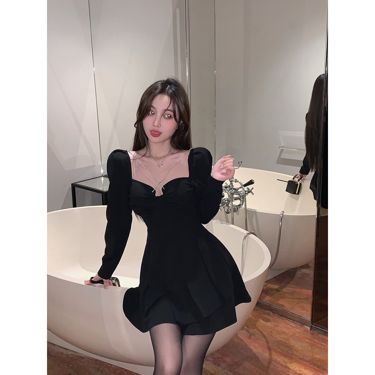 Đầm nữ dài tay cổ vuông hàng Quảng Châu cao cấp đầu xu hướng mùa thu váy ngắn ngọt ngào tiểu thư