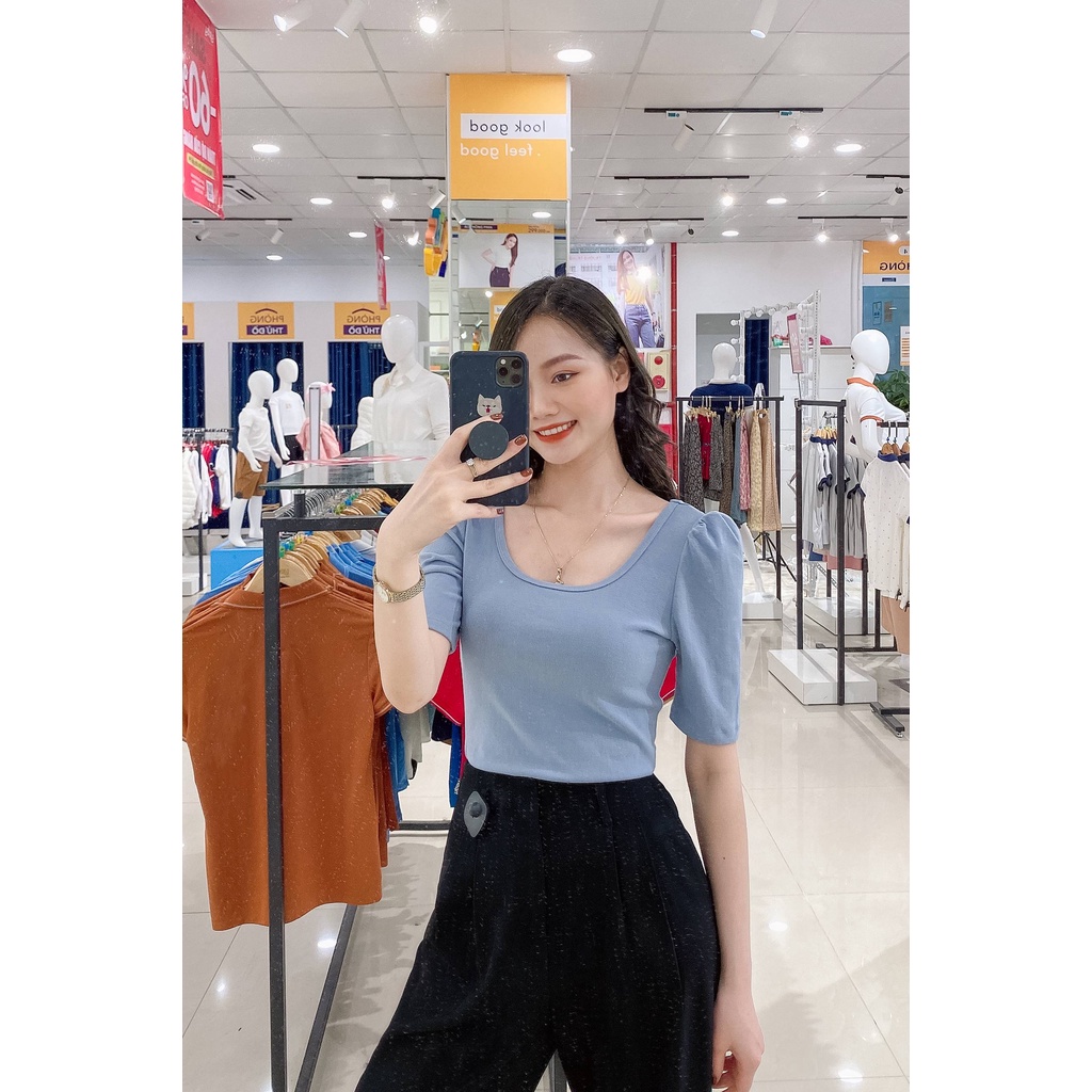 Áo Thun Nữ YODY Cổ Vuông Tay Bồng Dáng Ôm Cao Cấp ATN4350