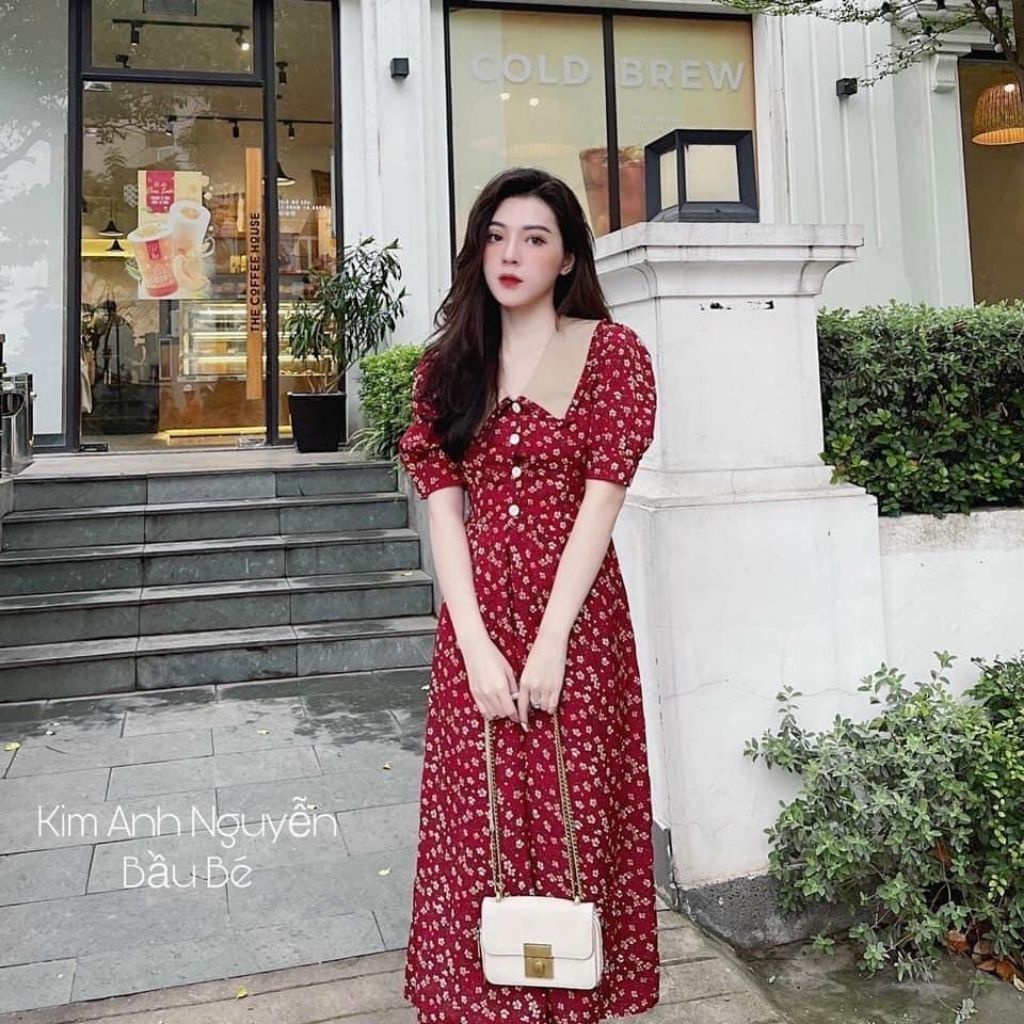Đầm bầu ngắn tay hoa nhí kèm dây đai M308 chất lụa hoa thời trang thiết kế Mom and Baby