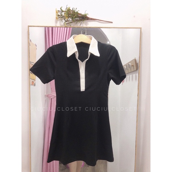 Đầm Thun Đen Cổ Sơ Mi Viền Trắng Chất Thun Dày Dặn ( Hàng Sẵn) | BigBuy360 - bigbuy360.vn