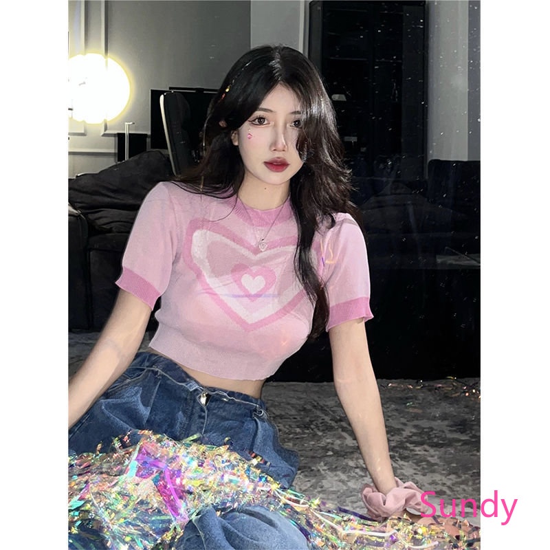 Áo Croptop Dệt Kim Tay Ngắn In Hình Trái Tim Quyến Rũ Thời Trang Mùa Thu Cho Nữ