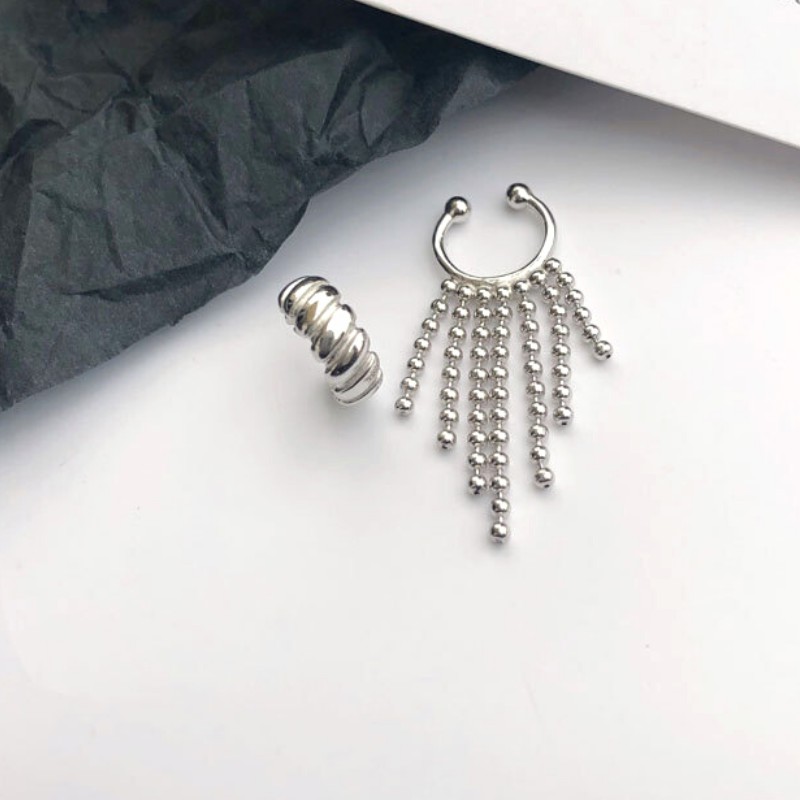 Bông Tai Bạc S925 Bộ 2 Ear Cuff Kẹp Vành Tua Rua &amp; Khoen C Bất Đối Xứng Trẻ Trung Cá Tính | Khuyên Tai Nữ Trang Sức Bạc