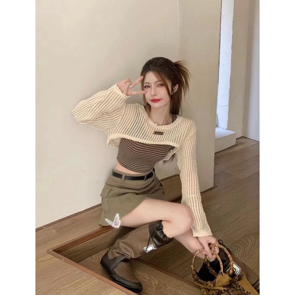 set áo dây kẻ kèm áo lưới