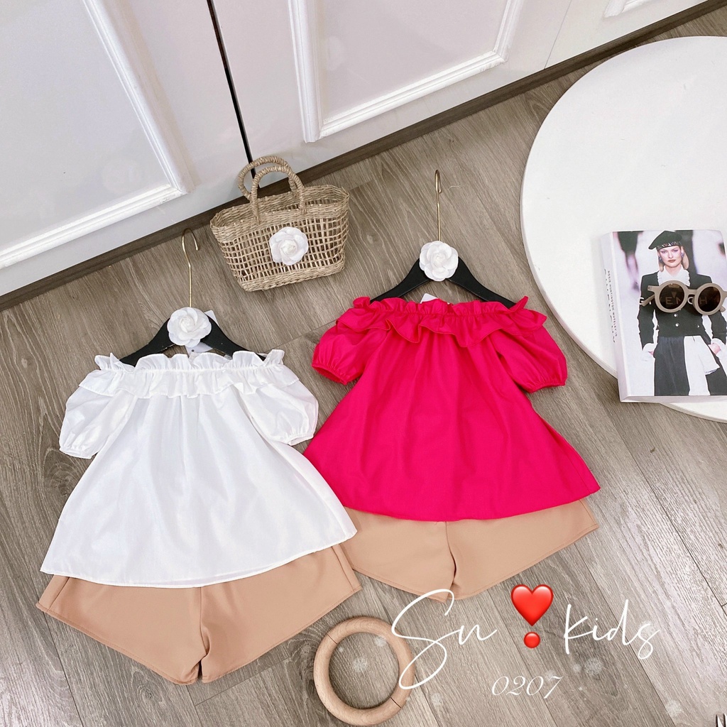 Bộ cộc tay bé gái, set áo cổ bèo vải thô mềm mát phối quần đùi nâu cho bé size 10-35kg