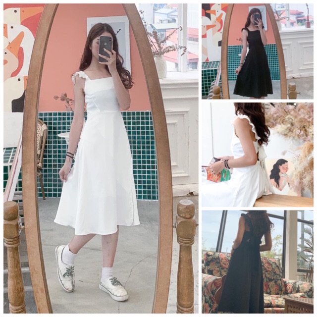 [Ảnh thật/Video] Váy cánh tiên 2 dây đen/ trắng - Đầm 2 dây nữ dáng dài