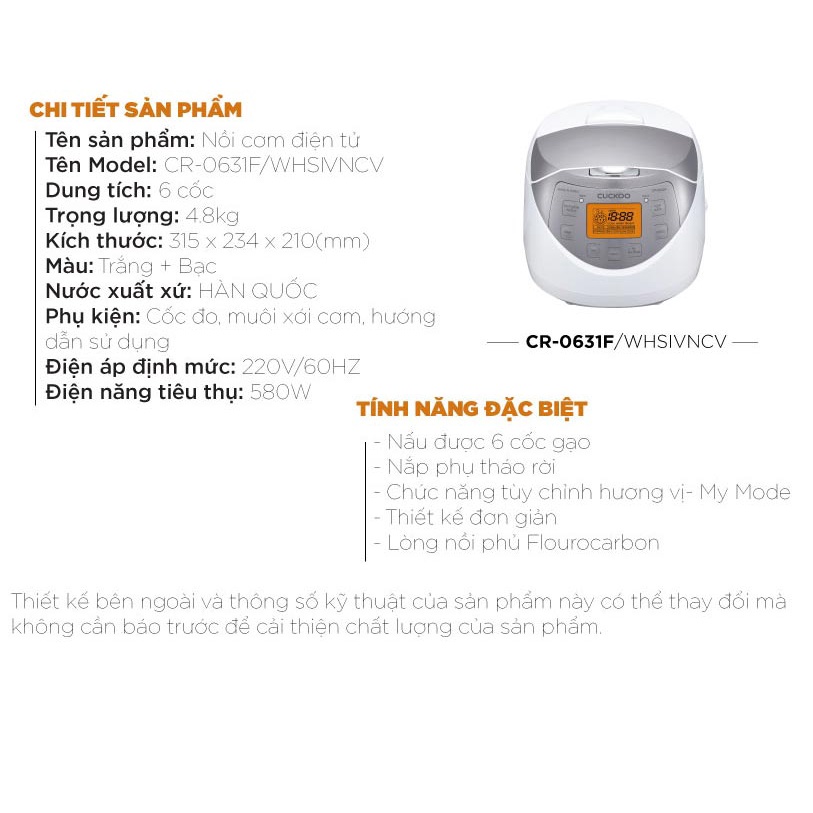 Nồi cơm điện tử CUCKOO 1.08L lít CR-0631F - Hàng chính hãng - Chất lượng Hàn Quốc