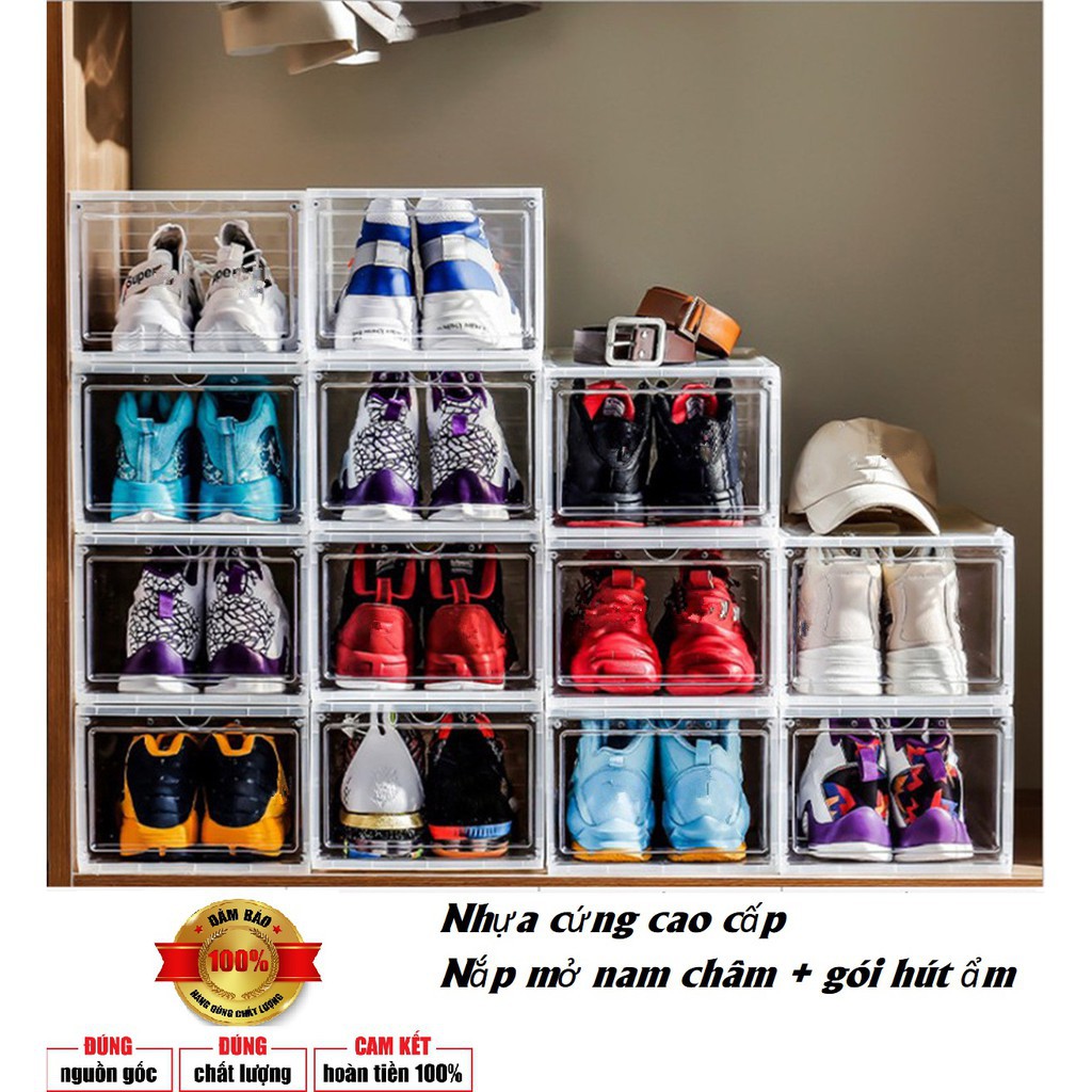 Hộp Đựng Giày Nhựa Cứng Sneaker Box Nắp Cửa Mở Nam Châm siêu chặt Tặng gói hút ẩm - Hàng xịn loại 1