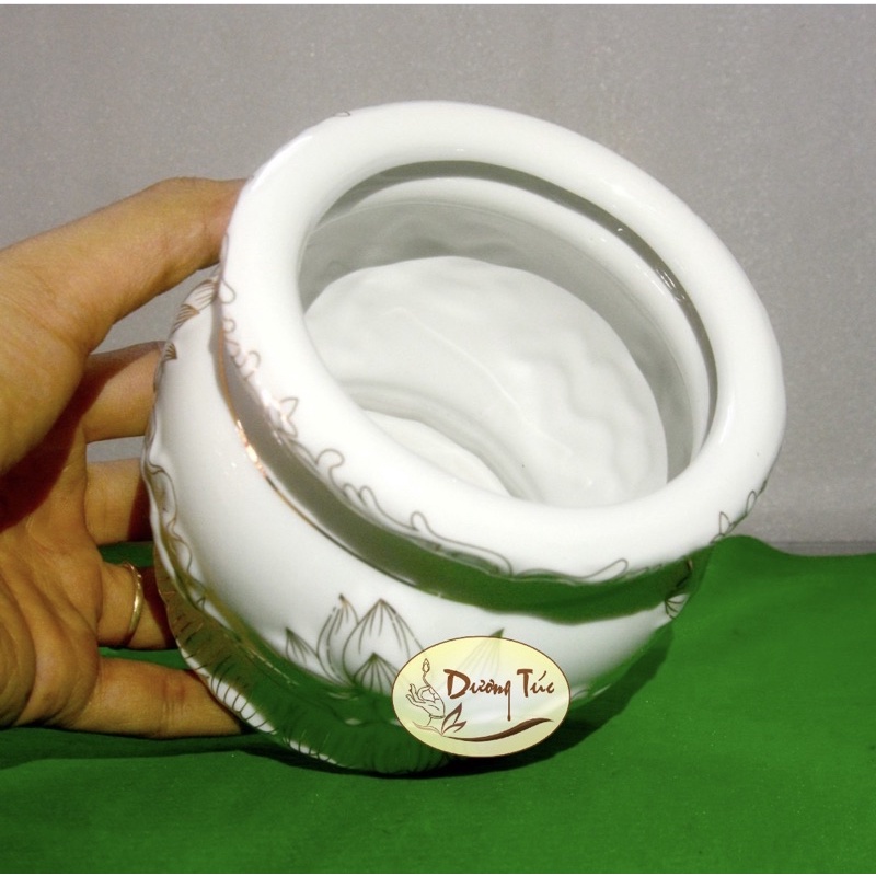 Lư Hương (Bát nhang) Bằng Sứ Cao Cấp - Bạch Ngọc Sen Nổi Loại 1