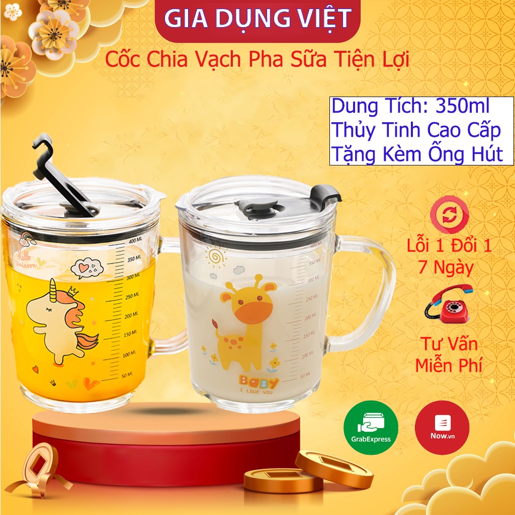 Cốc Pha Sữa Thủy Tinh Chia Vạch Siêu Tiện Lợi Có Nắp Và Ống Hút Cho Bé Dễ Dàng Vệ Sinh