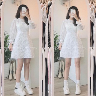 Váy trắng dự tiệc phối voan tơ vải gấm nổi tiểu thư nhẹ nhàng kiểu dáng basic kèm ảnh thật