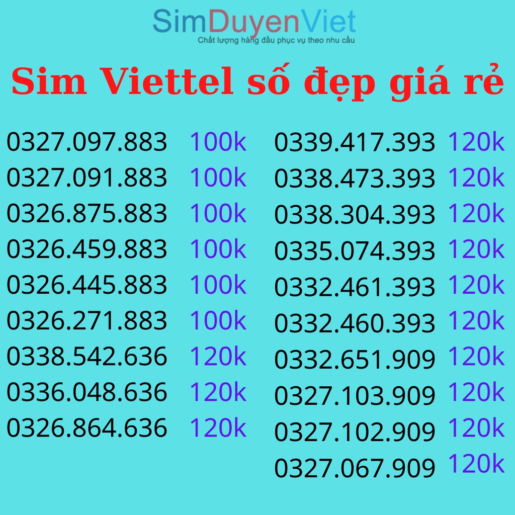 Sim Viettel số đẹp giá rẻ đăng ký được V120N 4Gb/ngày gọi miễn phí (Sim đã đăng ký 9 chủ)