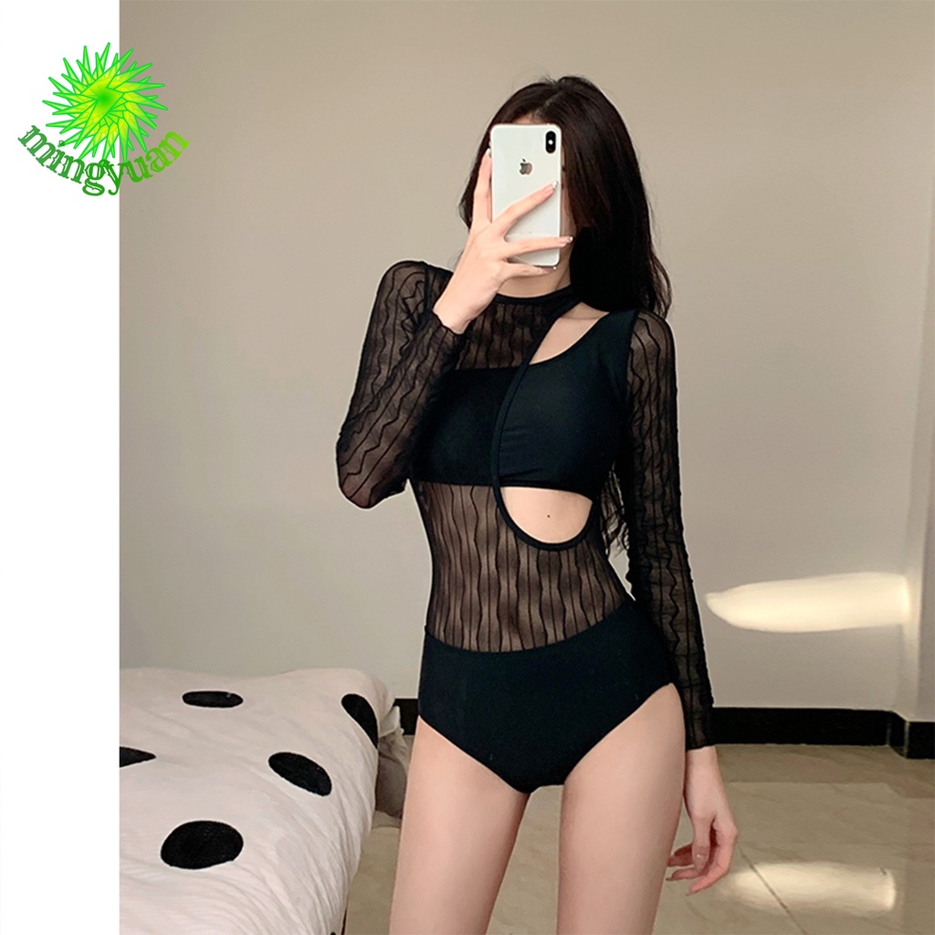 Bộ Đồ Bơi Một Mảnh Tay Dài Phối Ren Màu Đen Phong Cách Quyến Rũ