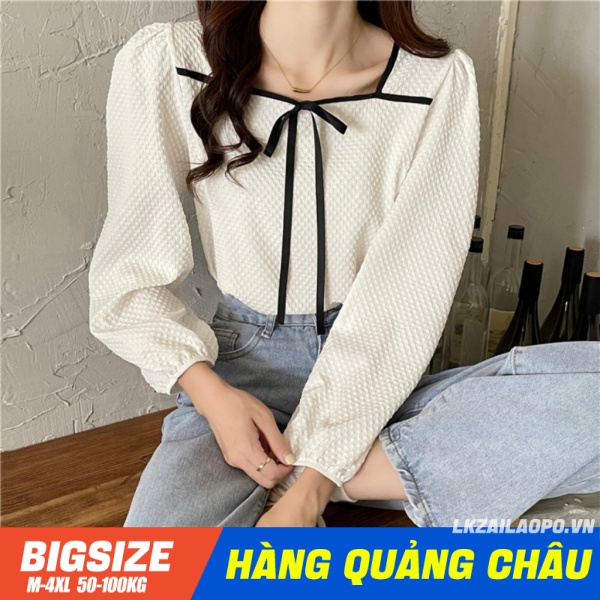 Áo Sơ Mi nữ Bigsize Áo kiểu Nữ Tay Dài Cổ Vuông from rộng Kiểu Hàn Quốc Thời Trang cá tính xinh đẹp cho người mập béo 45-100kg quảng châu cao cấp
