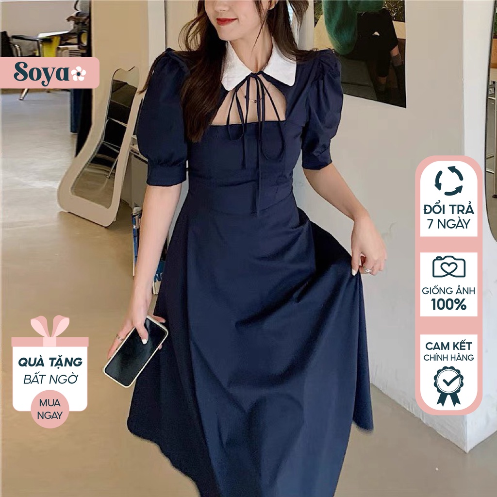 Váy dài SOYA tiểu thư phong cách Hàn Quốc màu xanh phối cổ sen khoét có cột nơ và bèo vai hàng thiết kế đủ size sml