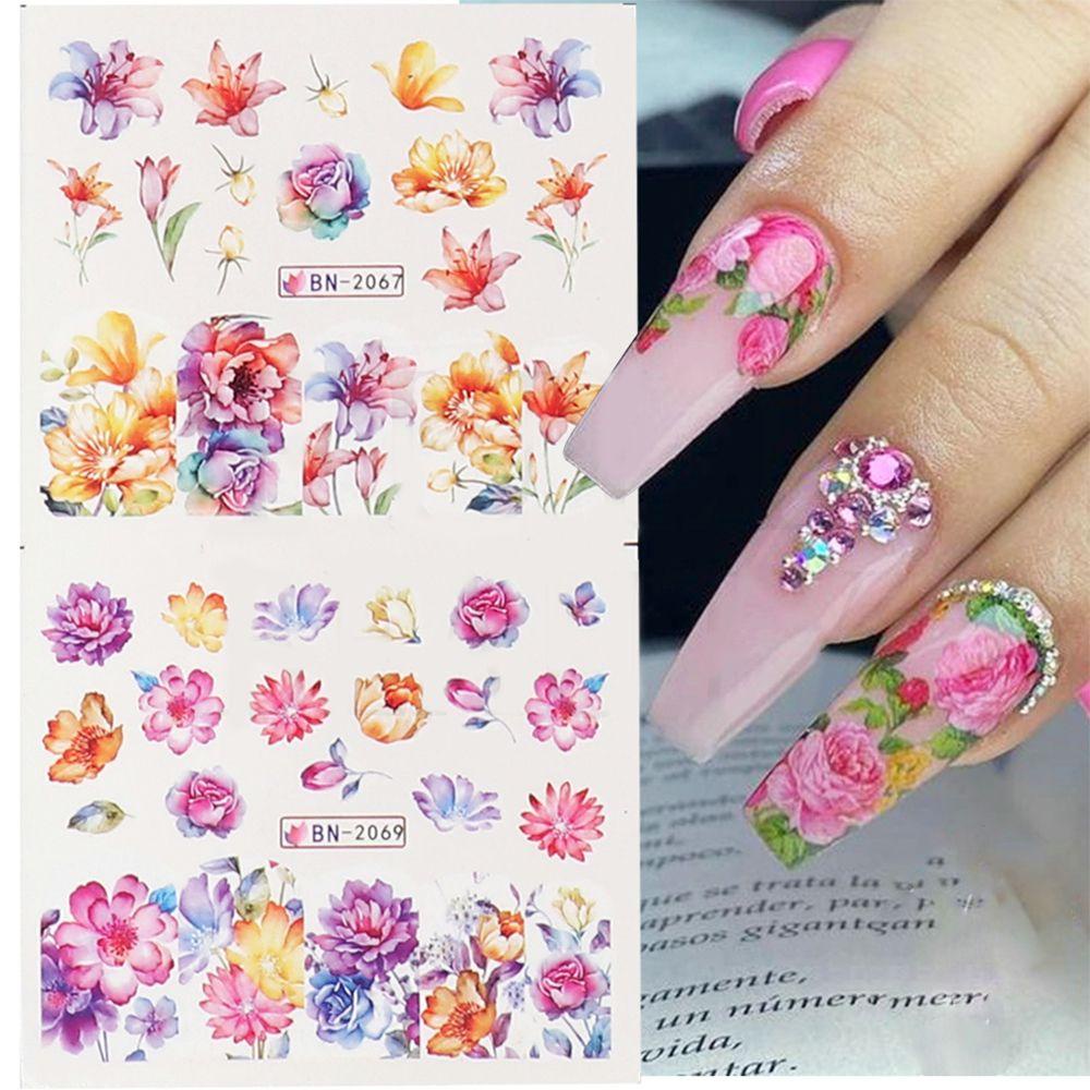 Set 12 Miếng Dán Móng Tay Dạng Trượt Trong Mờ Họa Tiết Hoa Lá Độc Đáo