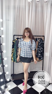 Bigsize Áo caro xanh nút bọc A04