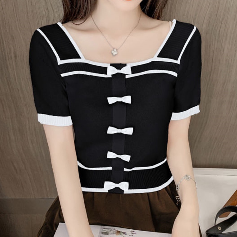Áo Thun Dệt Kim Cổ Vuông Thắt Nơ Phong Cách Hàn Quốc 185275 Áo Thun Ngắn Dáng Ôm Thời Trang Mùa Hè Dành Cho Nữ