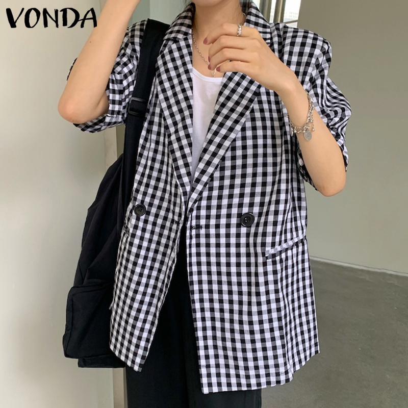 Áo khoác blazer VONDA ngắn tay họa tiết sọc caro phong cách Hàn Quốc | BigBuy360 - bigbuy360.vn