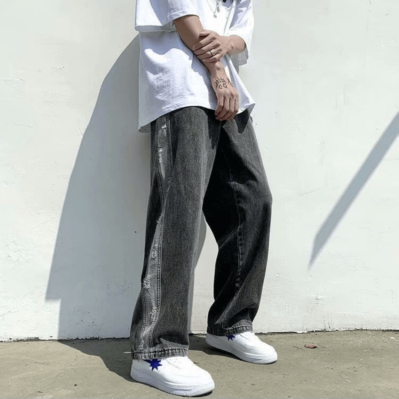 Quần jeans Dài Phối Vết Rách Phong Cách Thời Trang Hàn Quốc Cho Nam Giới Size S-3XL