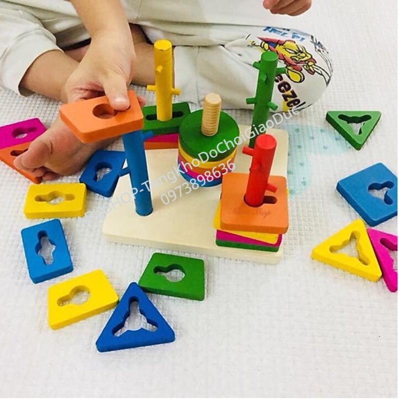 Đồ chơi luồn cọc 5 trụ cho bé, Đồ chơi rèn luyện vận động tinh và não bộ cho trẻ