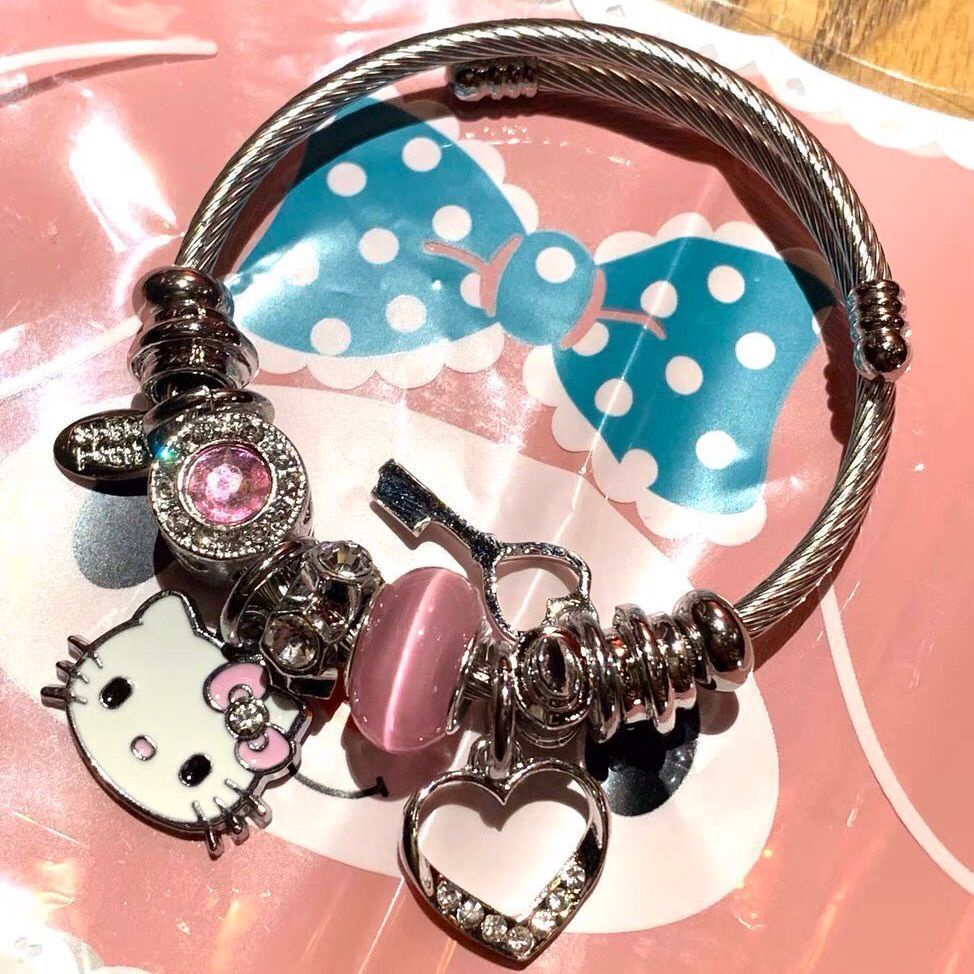 Vòng đeo tay đính hạt và mèo Hello Kitty hoạt hình đáng yêu dành cho học sinh nữ