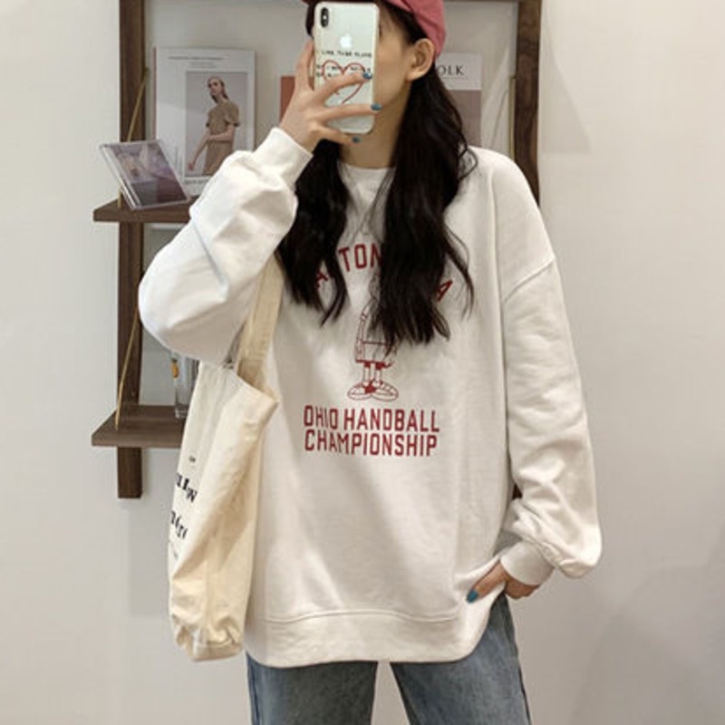 Áo Thun Nỉ Tay Dài Dáng Rộng In Họa Tiết Thời Trang Cho Nữ