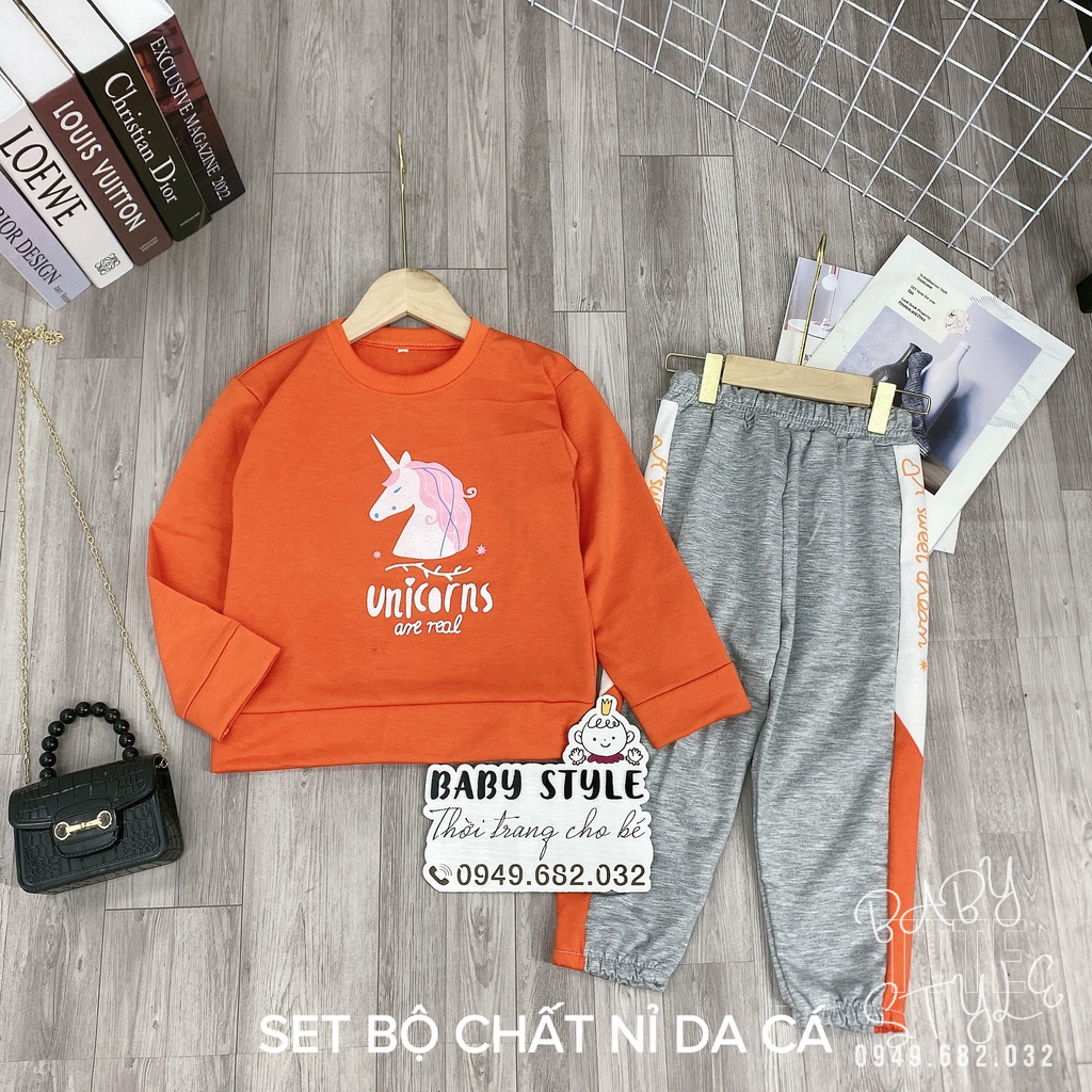 Bộ quần áo thu đông dài tay &quot;UNI&quot; 14-45kg cho bé gái 4-14 tuổi. Vải da cá dày dặn. Thoải mái. G45