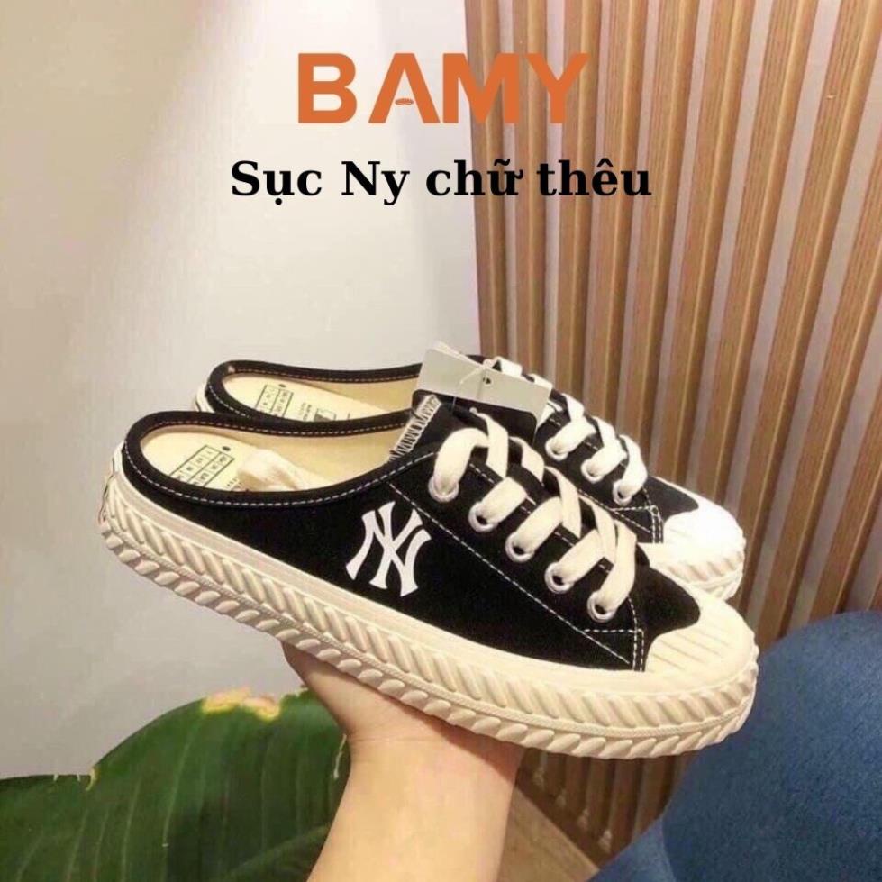 Giày Sục Thể Thao Nữ BAMY Thêu chữ N , Sục bata đạp gót đế bánh mì 3cm FORM RỘNG