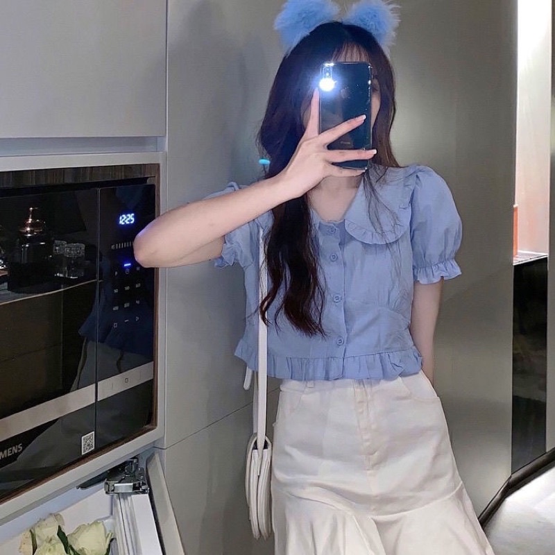 Áo sơ mi kiểu croptop tay ngăn bồng phong cách Hàn Quốc mã QD067
