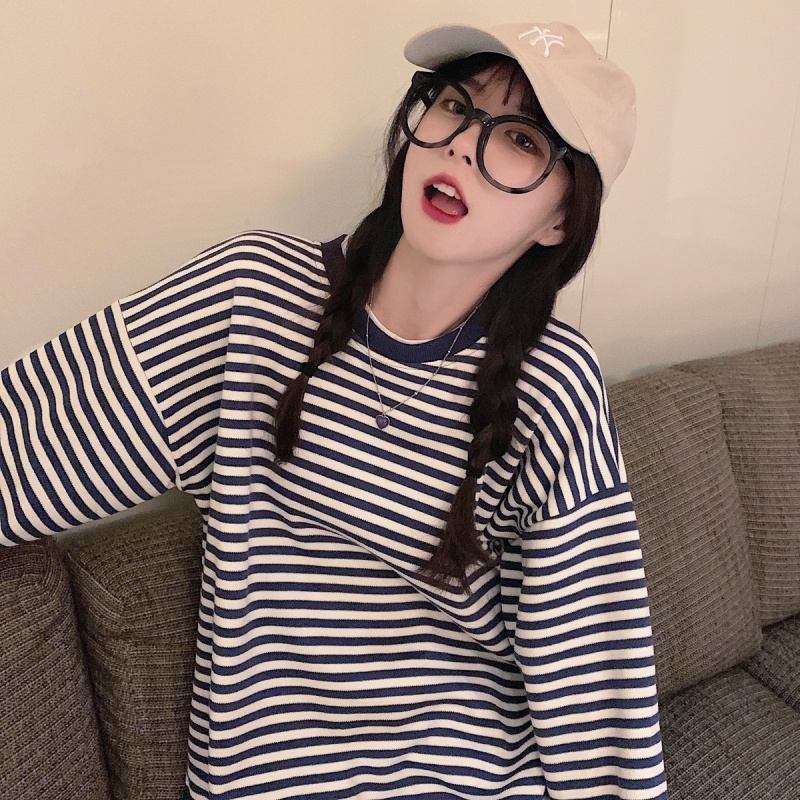 Áo Thun Sweater Mỏng Cổ Tròn Dáng Rộng Kẻ Sọc Thời Trang Mùa Thu Cho Nữ