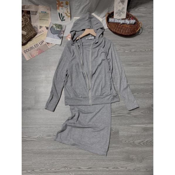Set váy body 2 dây kèm áo khoác có mũ kéo khoá