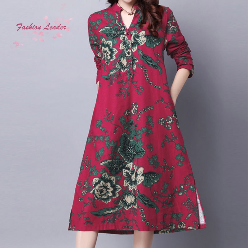 Fl vintage womenflower in đầm váy cotton mùa xuân dân tộc
