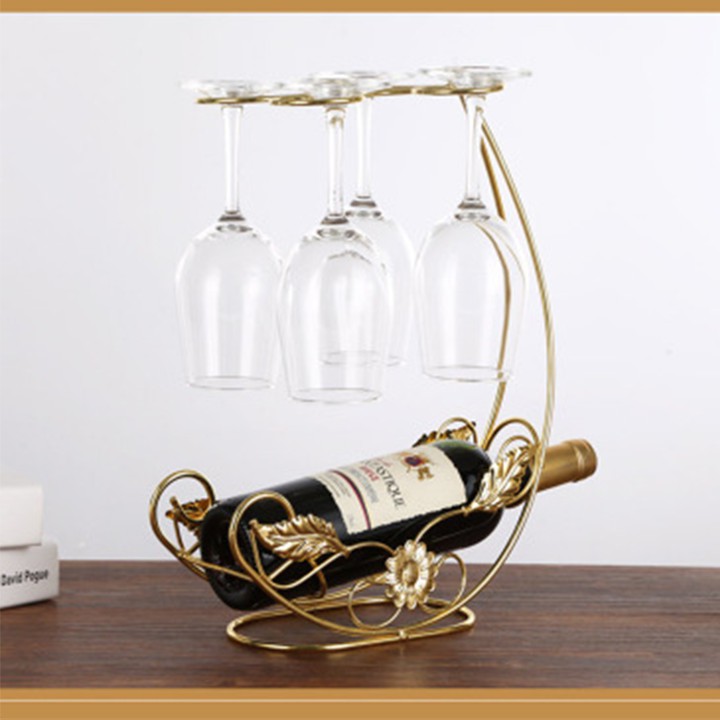 Kệ để rượu có giá treo 4 ly vang bằng kim loại màu đồng đỏ và vàng - Giá đỡ vang để bàn decor quầy bar bàn ăn đẹp