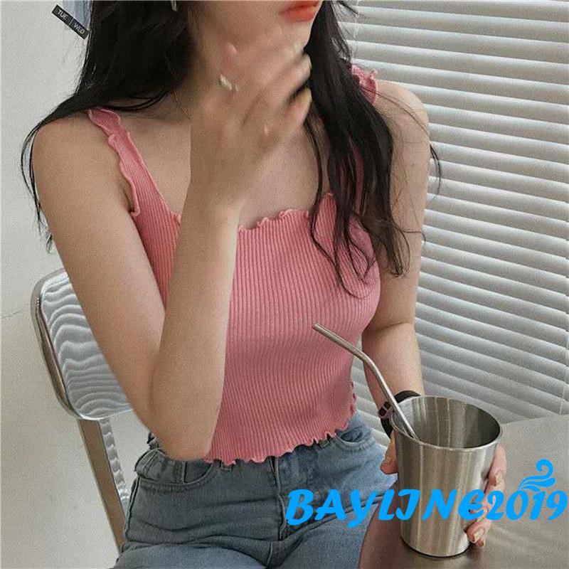 Áo Croptop Dệt Kim Không Tay Màu Sắc Trơn Gợi Cảm Cho Nữ