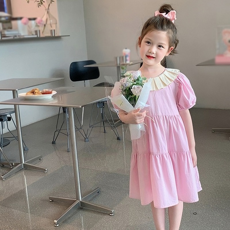 Đầm Công Chúa Mùa Hè Tay Cột Dây Cổ Ren Tay Phồng Phong Cách Hàn Quốc Ngọt Ngào Cho Bé Gái