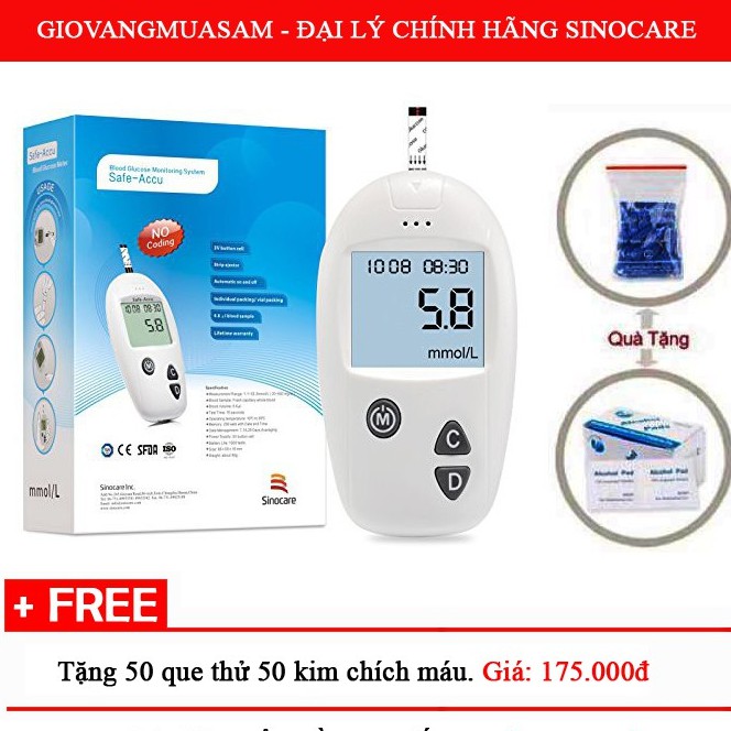 Máy đo đường huyết sinocare + Tặng 50 que thử và 50 kim chích máu