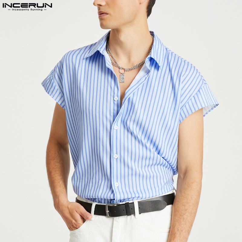 Áo sơ mi INCERUN cổ bẻ tay ngắn dáng rộng họa tiết kẻ sọc thời trang mùa hè cho nam