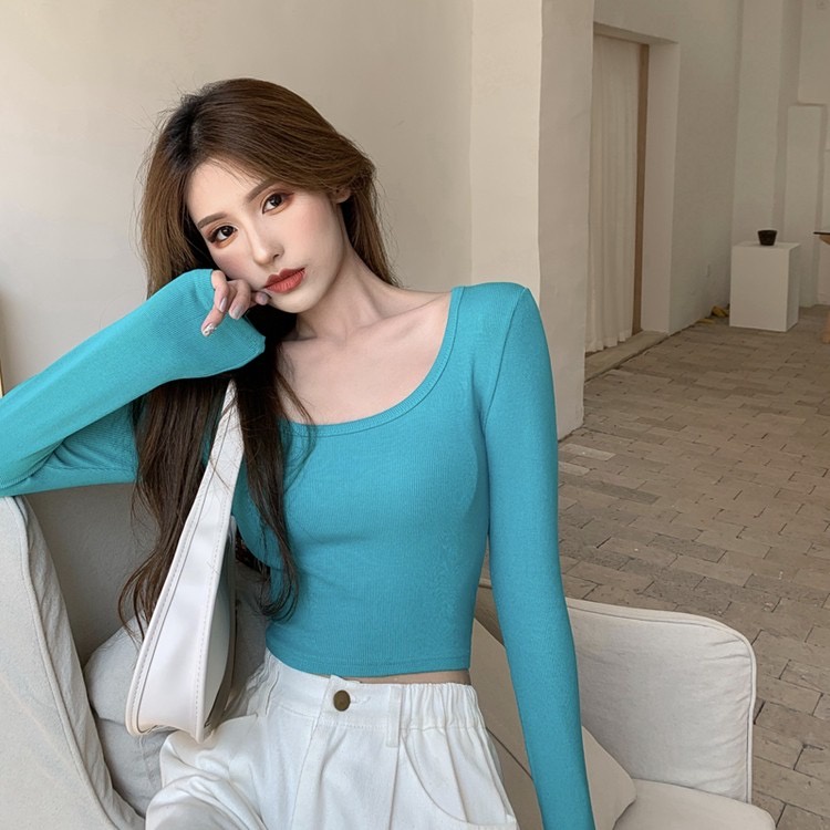 Áo croptop nữ - Áo thun nữ len tăm dài tay cổ rộng trẻ trung năng động phong cách Hàn Quốc
